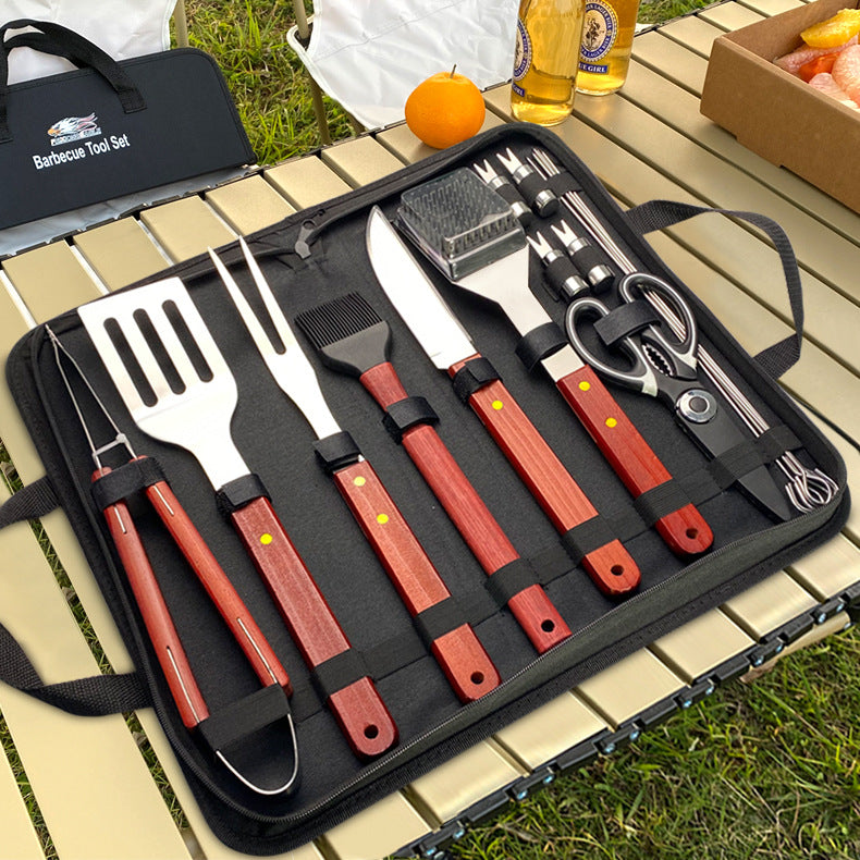 Stainless Steel BBQ & Baking Tools Set – Wooden Handle Grill Accessories with Carry Bag
