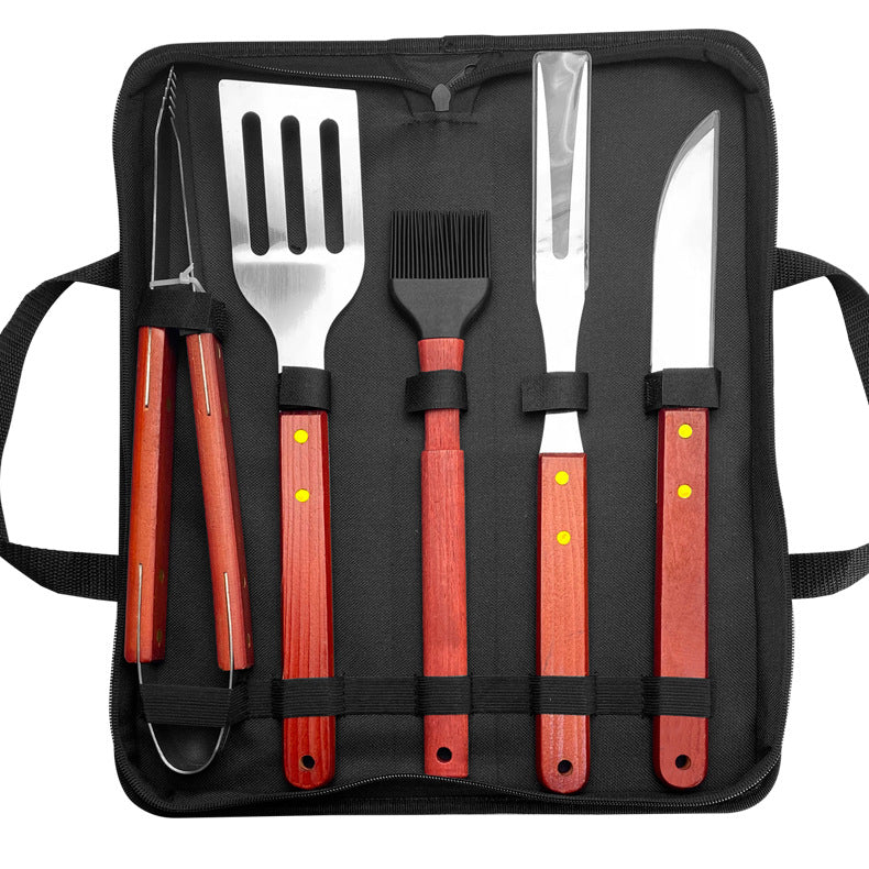 Stainless Steel BBQ & Baking Tools Set – Wooden Handle Grill Accessories with Carry Bag