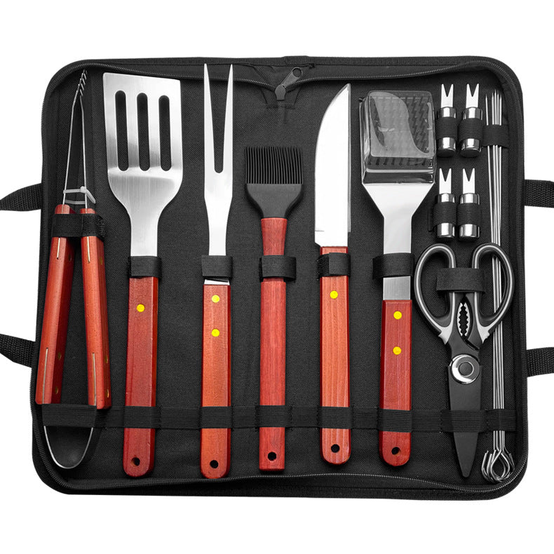 Stainless Steel BBQ & Baking Tools Set – Wooden Handle Grill Accessories with Carry Bag