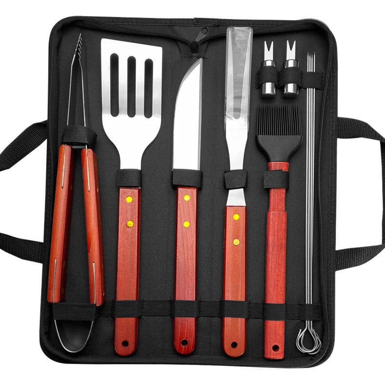 Stainless Steel BBQ & Baking Tools Set – Wooden Handle Grill Accessories with Carry Bag