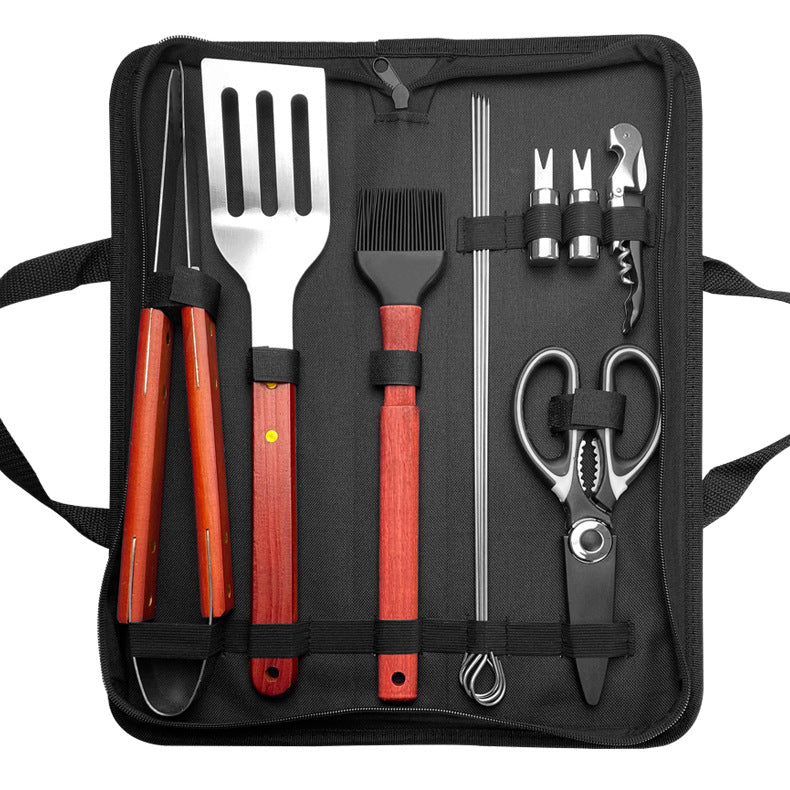 Stainless Steel BBQ & Baking Tools Set – Wooden Handle Grill Accessories with Carry Bag