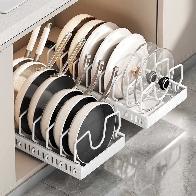 Pull-Out Kitchen Storage Rack – Adjustable Pot & Lid Organizer