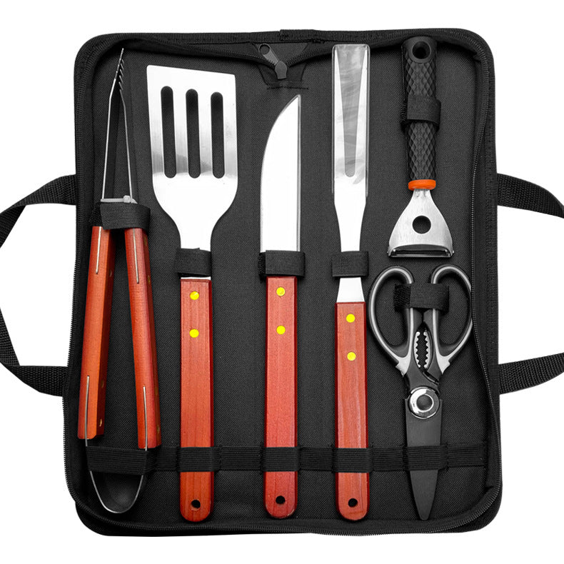 Stainless Steel BBQ & Baking Tools Set – Wooden Handle Grill Accessories with Carry Bag